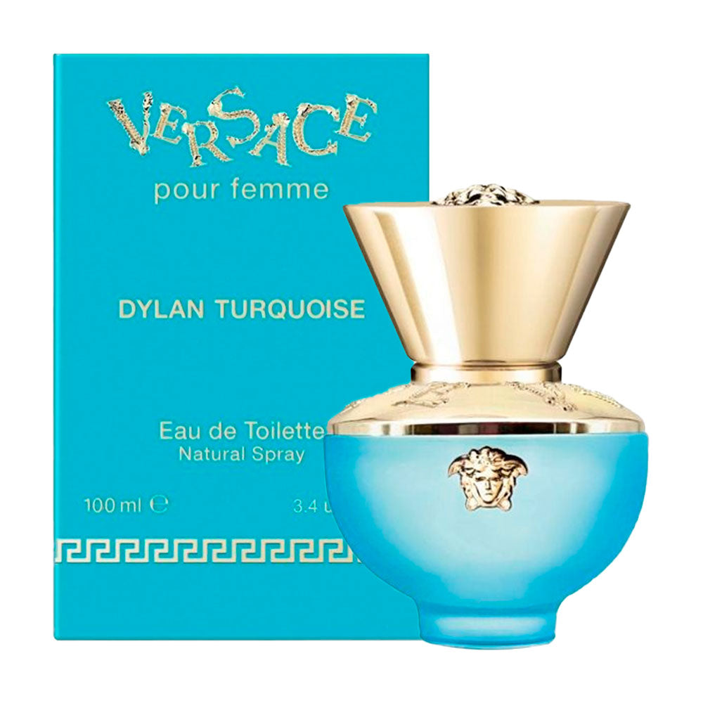 Pour Femme Dylan Turquoise By Versace bottle with packaging