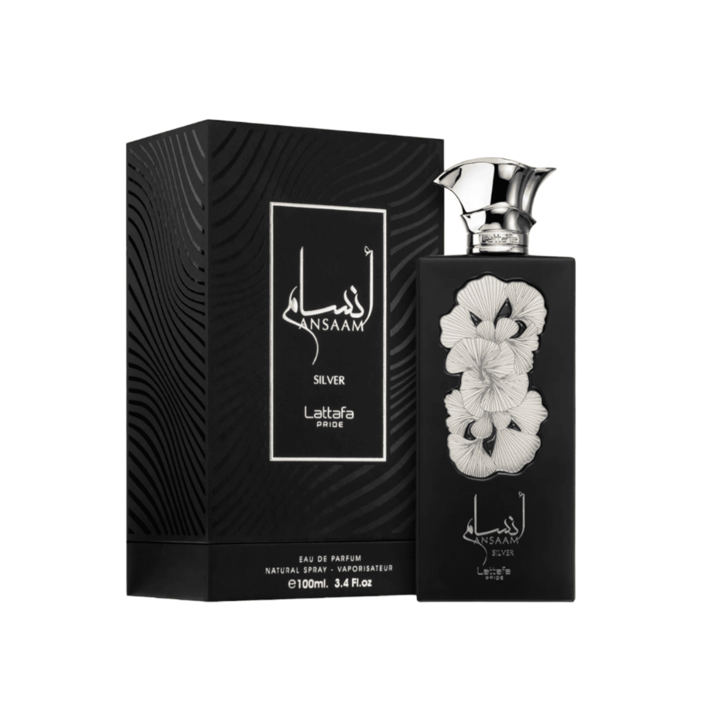 Ansaam Silver By Lattafa bottle with packaging
