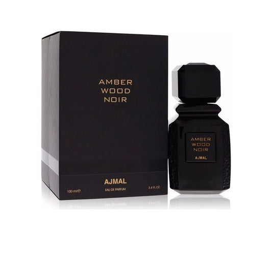 Ajmal Amber Wood Noir bottle with packaging