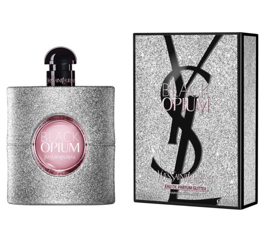 Black Opium Glitter By Yves Saint Laurent bottle with packaging