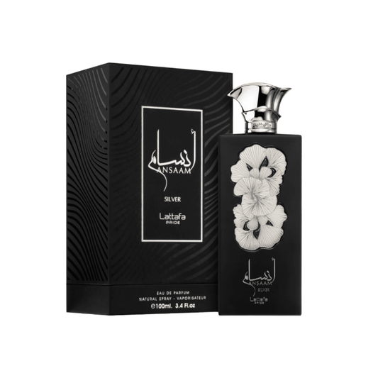 Ansaam Silver By Lattafa bottle with packaging