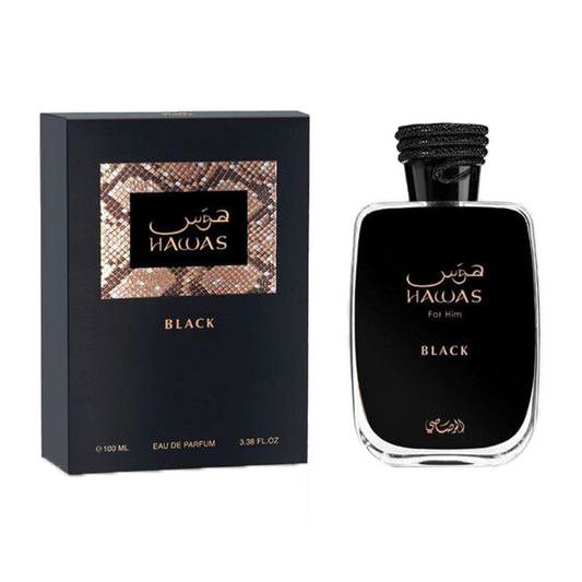 Hawas Black by Rasasi – Eau de Parfum bottle with packaging